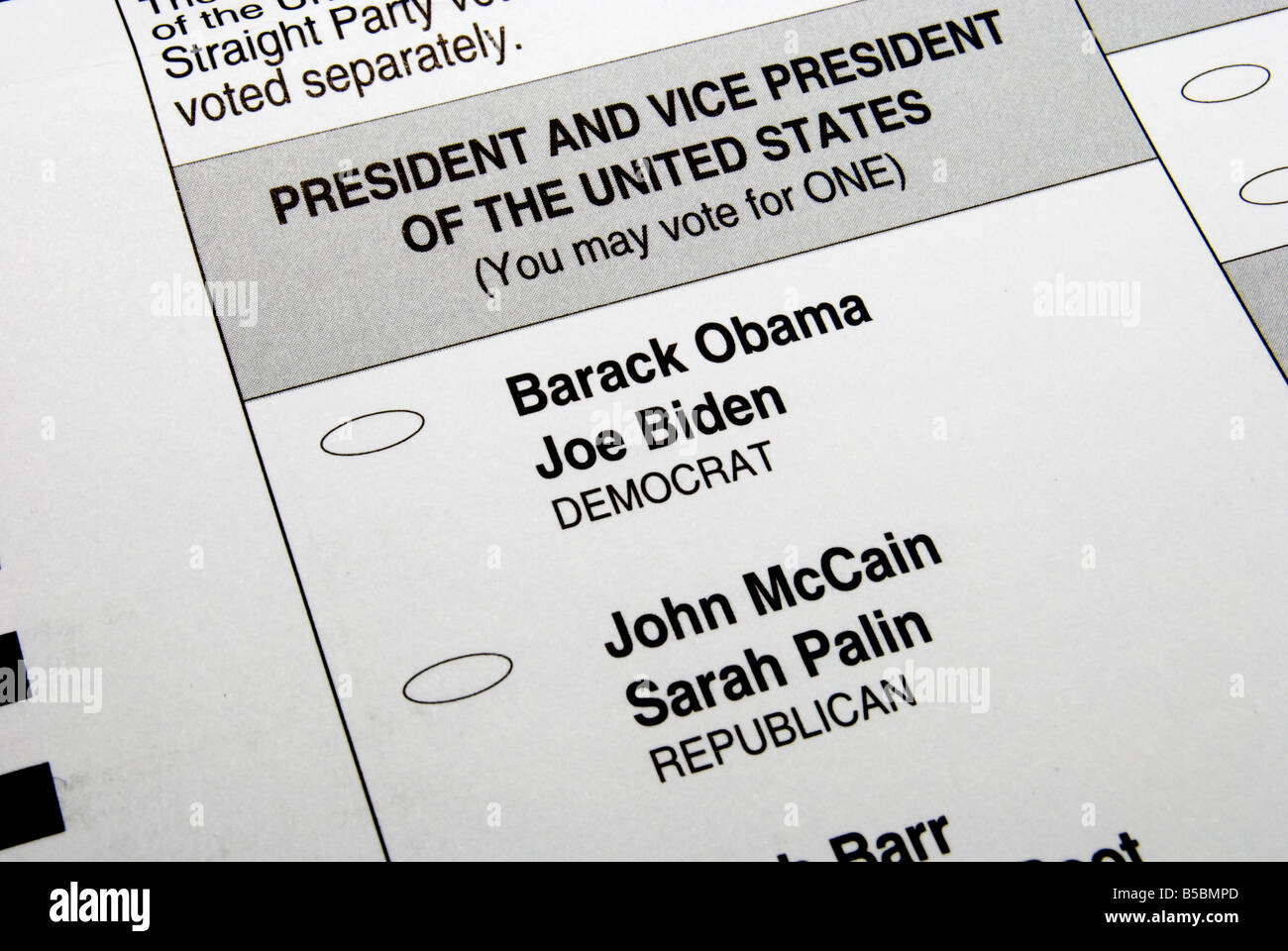 Stimmzettel für die amerikanischen Präsidentschaftswahlen 2008 stimmen Stockfoto