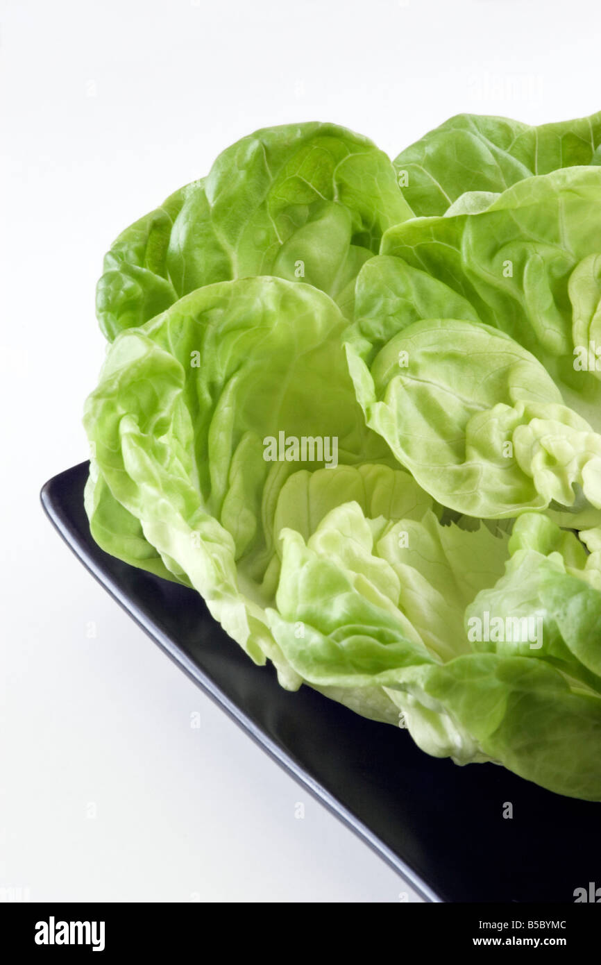 frischen Salatblättern auf einer schwarzen Platte Stockfoto