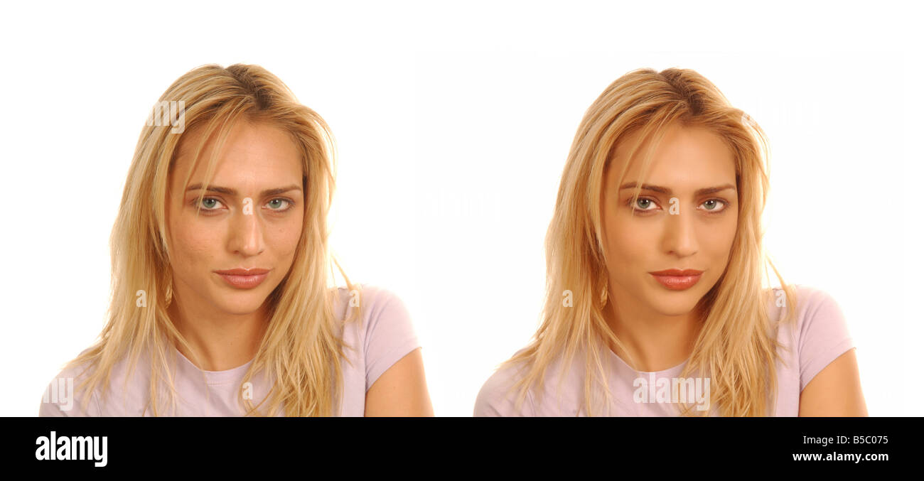 Studioaufnahme des Modells, vor und nach der Airbrush Stockfoto