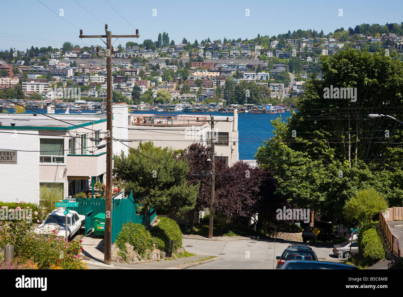 Blick auf Eastshore Nachbarschaft von über Lake Union in Seattle, Washington, USA Stockfoto