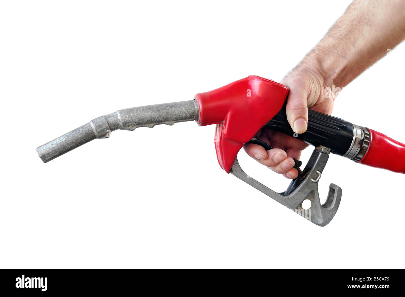 Hand mit einem Benzin-Pumpe-Düse vor einem weißen Hintergrund Stockfoto