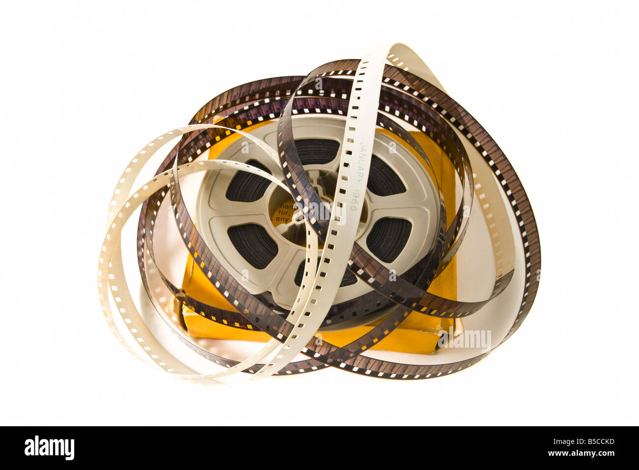 8mm Film Film auf Kunststoff mit gelben Kasten isoliert auf weißem Hintergrund Stockfoto