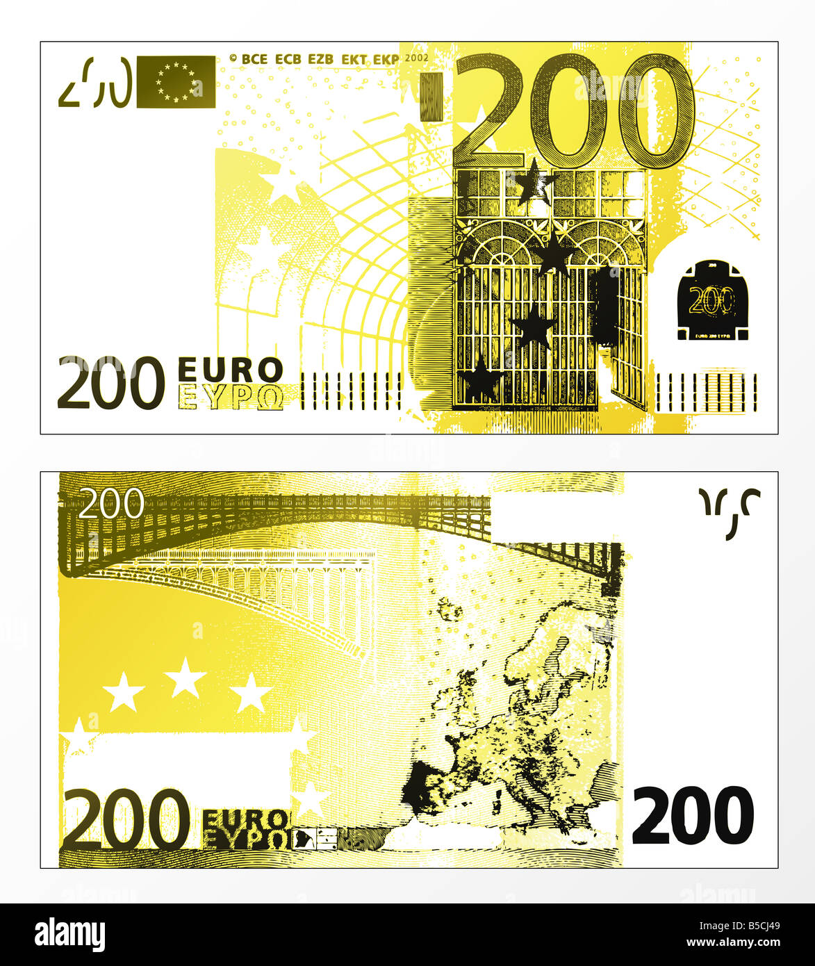 Vektor-Illustration einer gereinigten Ablaufverfolgung geschichteten Doppel doppelseitigen EU-Banknote von 200 Euro Stockfoto
