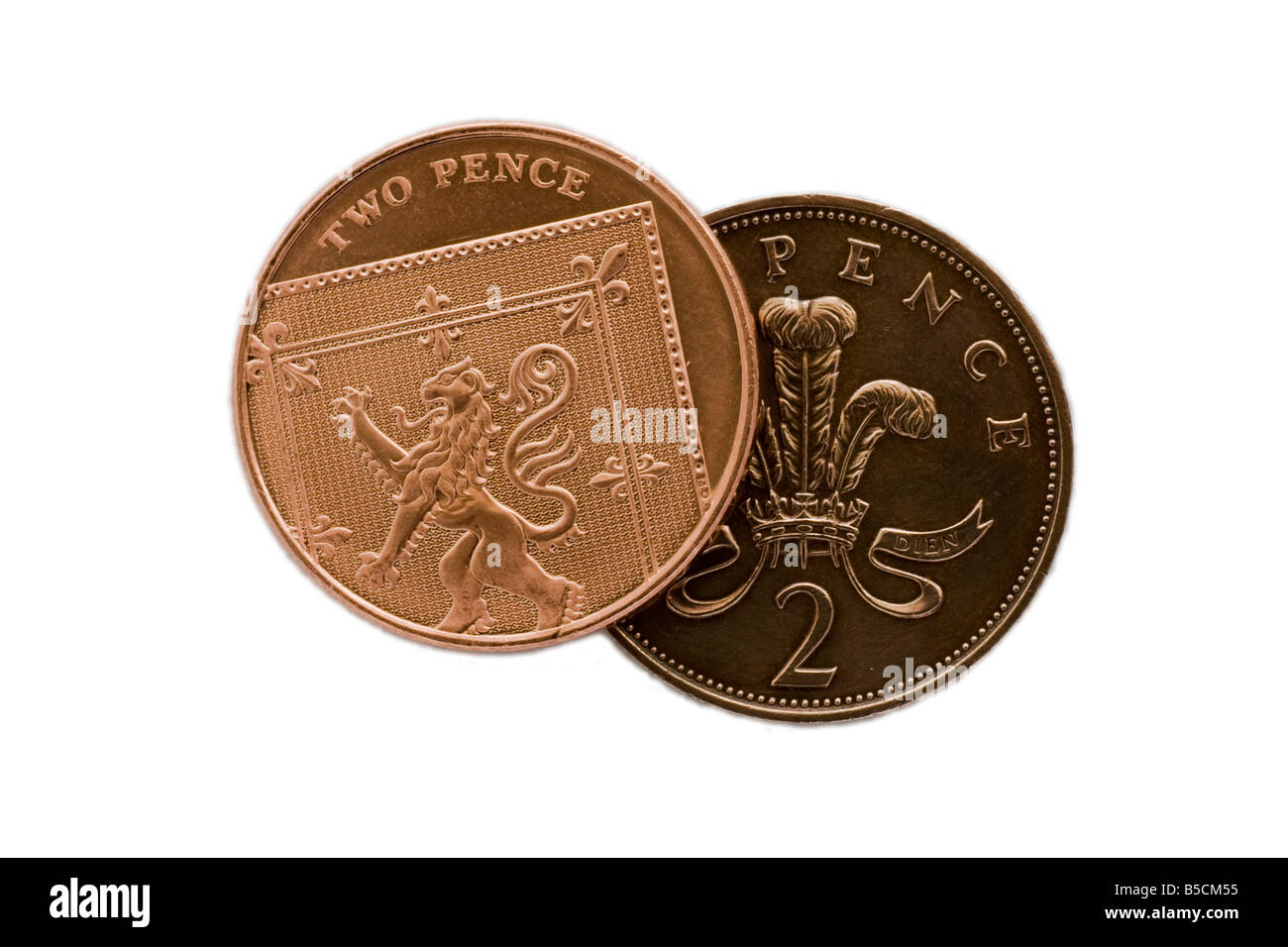Zwei Pence Münzen, britische, alte und neue Stockfoto