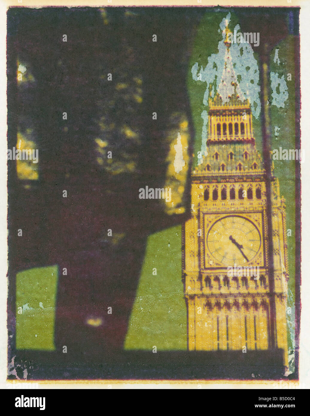 Polaroid Image Transfer von Big Ben umrahmt von Statue von Sir Wiilliam Churchill, Westminster, London, England, UK Stockfoto