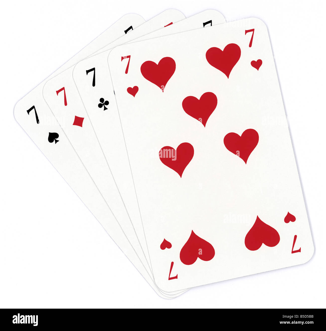 Poker von sieben auf dem weißen Hintergrund isoliert Stockfoto
