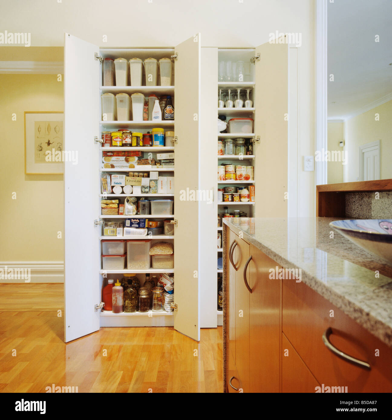 Doppelte Türen offen auf Regale der Speisekammer Schränke in modernen Küche mit Holzboden Stockfoto
