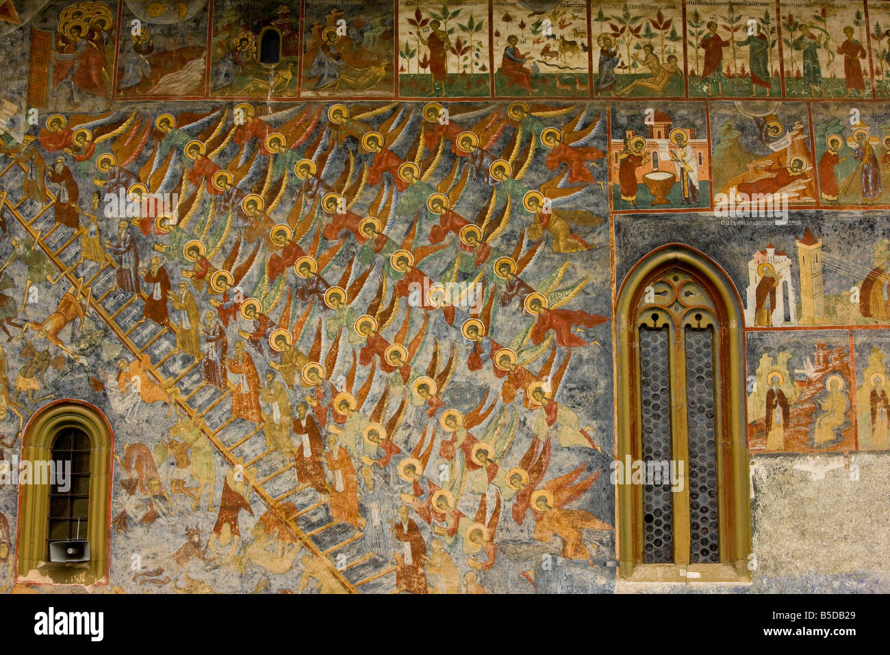 Die Leiter der Tugenden Fresken an der Nordwand Sucevita gemalt Kloster Südbukowina Norden Rumäniens Stockfoto