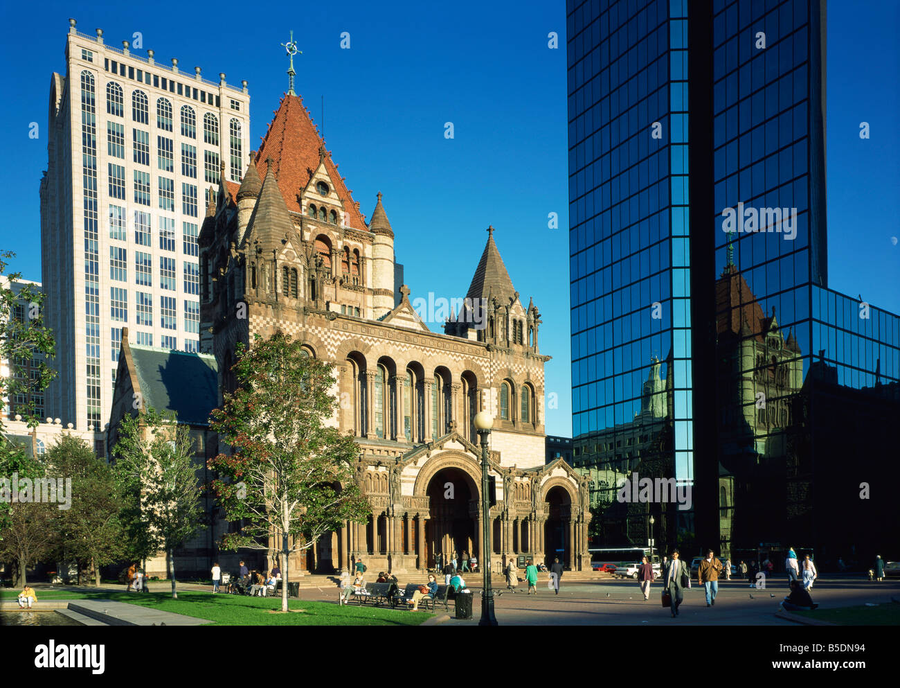 Trinity Church und den Hancock Tower in der Stadt Boston Massachusetts New England Vereinigte Staaten Nordamerikas Stockfoto