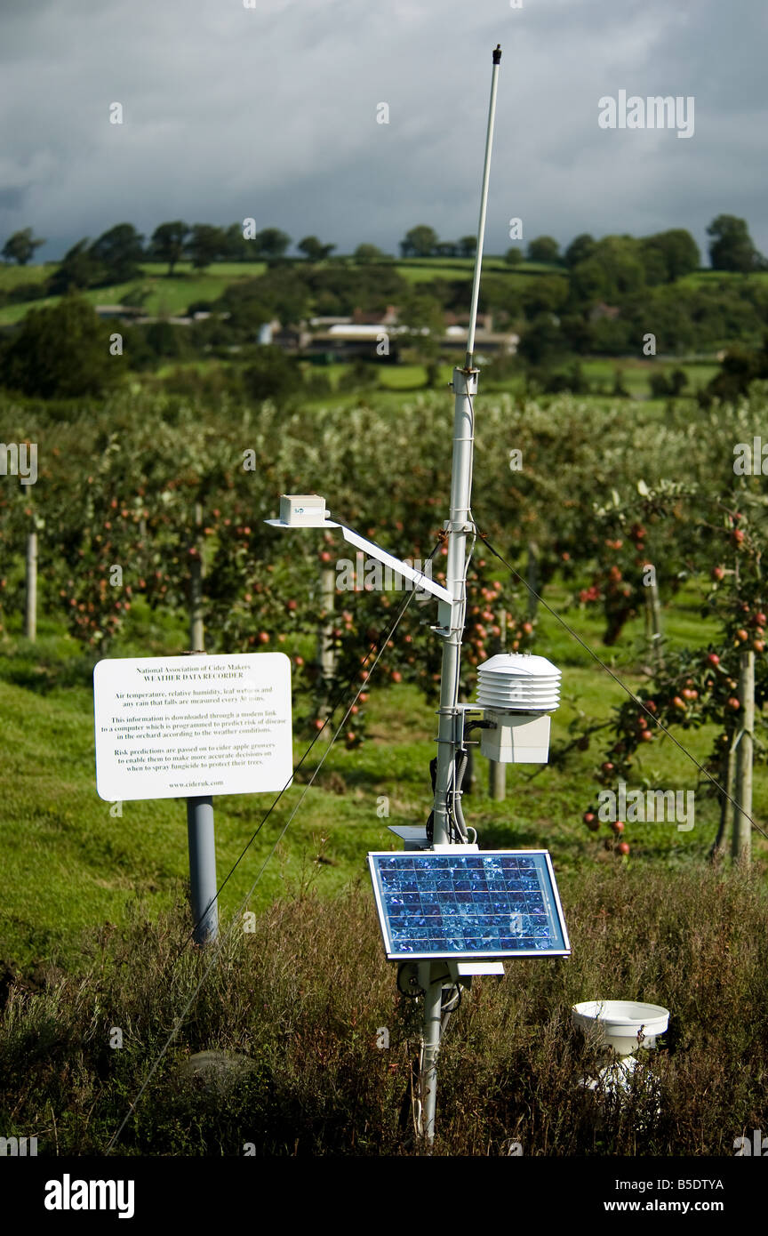 Eine Wetterstation angetrieben durch Solarstrom auf The Orchard Schwein eine Herstellerfirma Apfelwein Frucht. Stockfoto