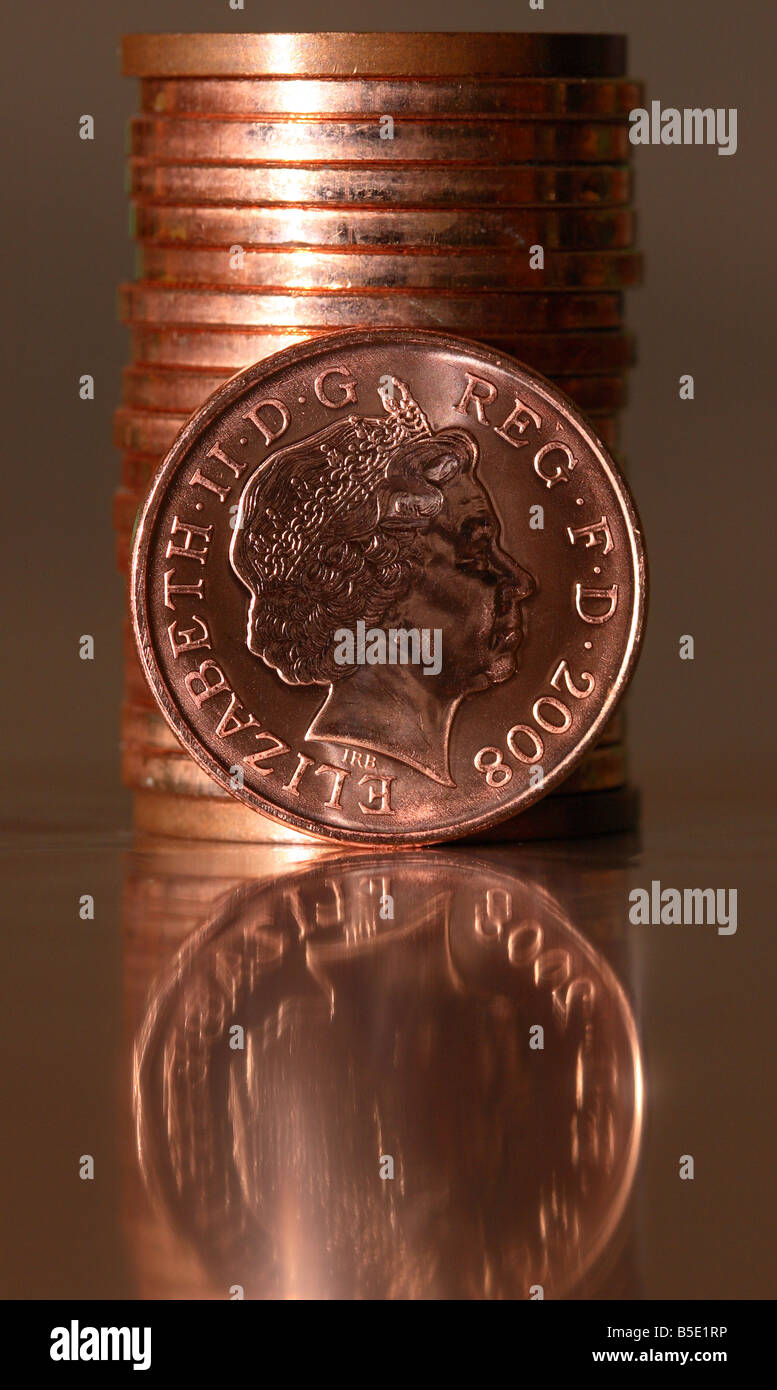 Stapel Stapel von 1 p einen Cent Geld Cash Münzen Stockfoto