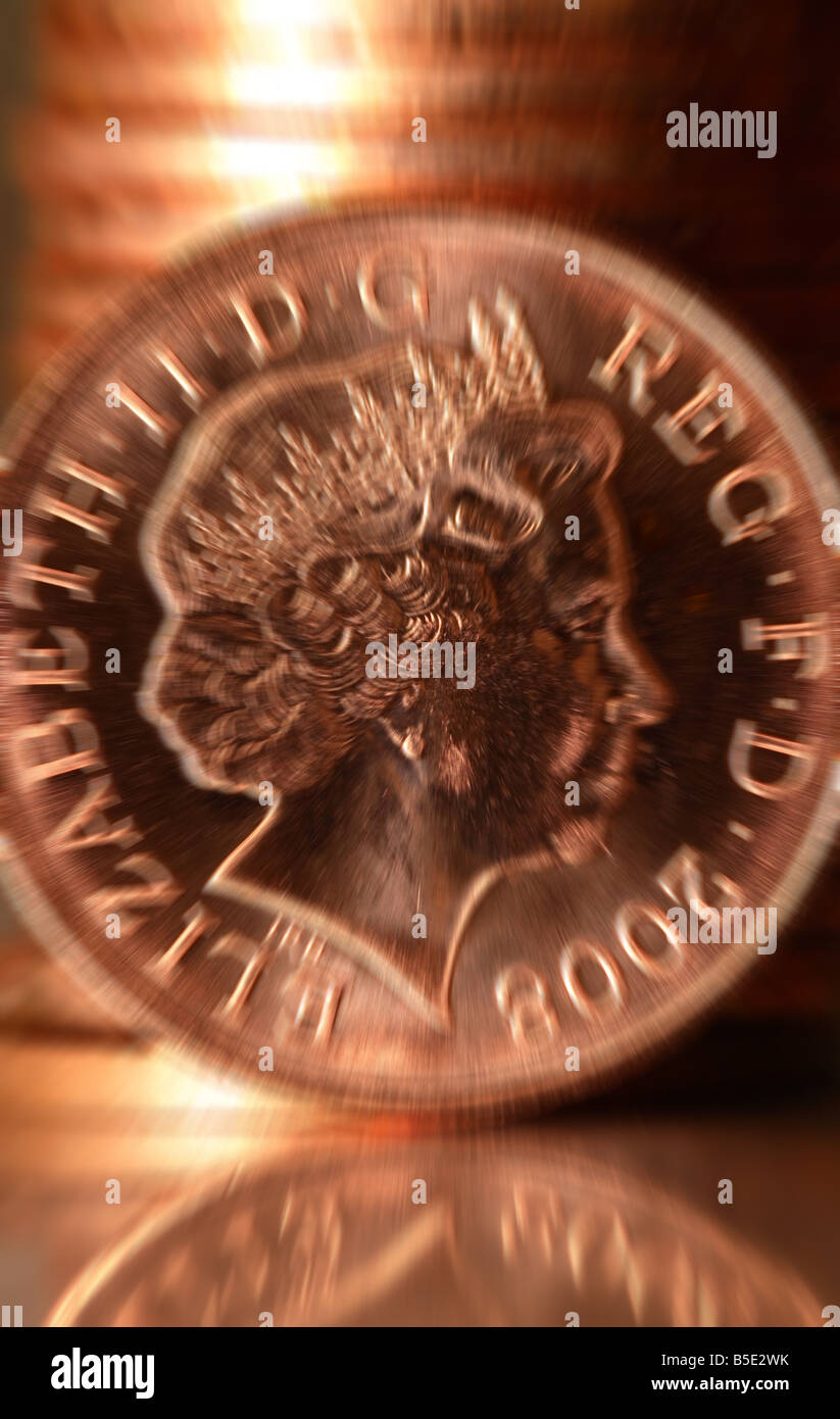 Zoom-Unschärfe der britischen UK 2008 1 p einen Cent Geld Käschmünze Stockfoto