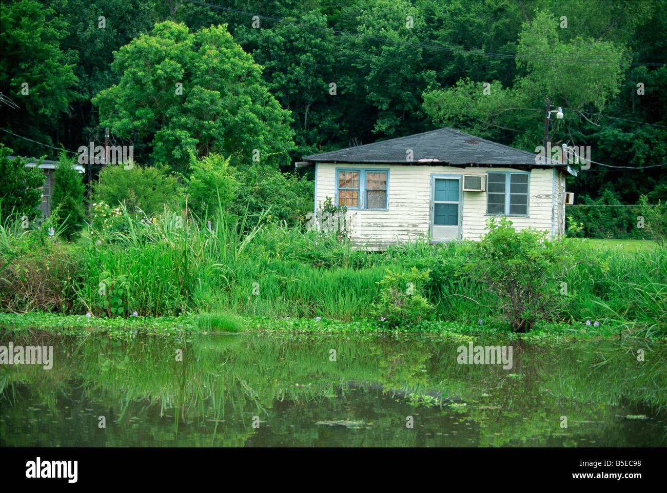 Einfaches Holzhaus mit einem Bayou in der Nähe von Houma, in Cajun Country, Louisiana, USA, Nordamerika Stockfoto