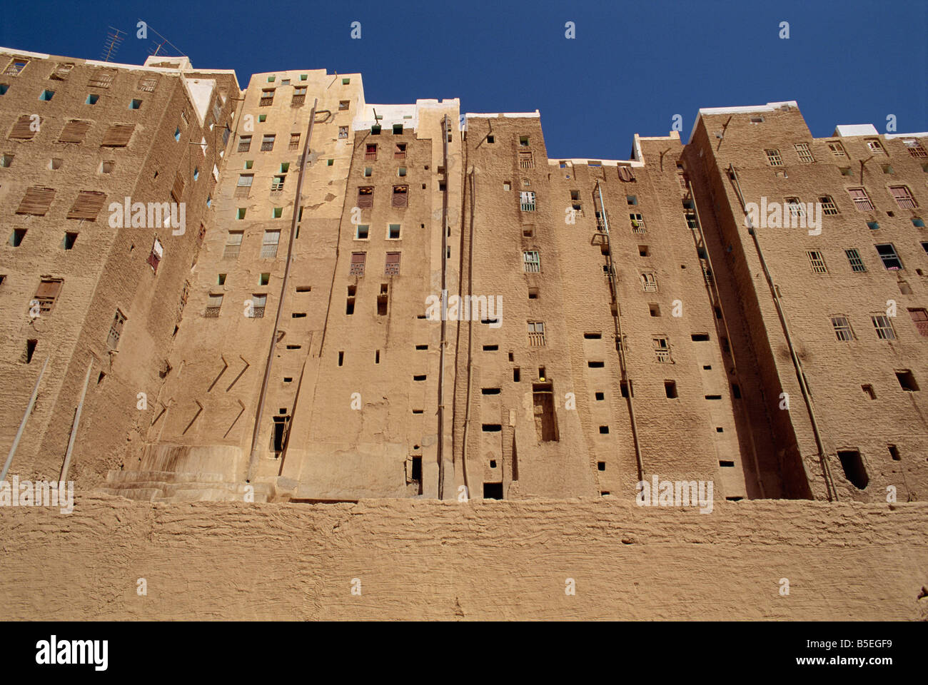 Rückseiten der hohen Lehmziegel Häuser zeigen Löcher in der Wand für Toiletten, der ummauerten Stadt Shibam, Wadi Hadramaut, Jemen Stockfoto