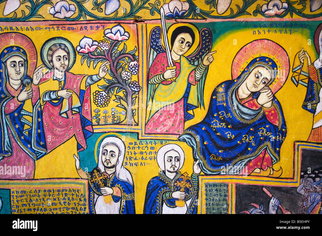 Äthiopische orthodoxe Christentum bunte alte Wandmalereien im Kloster Uhra Kidane Mehret in den Tana-See in der Nähe von Bahir Dar Stockfoto