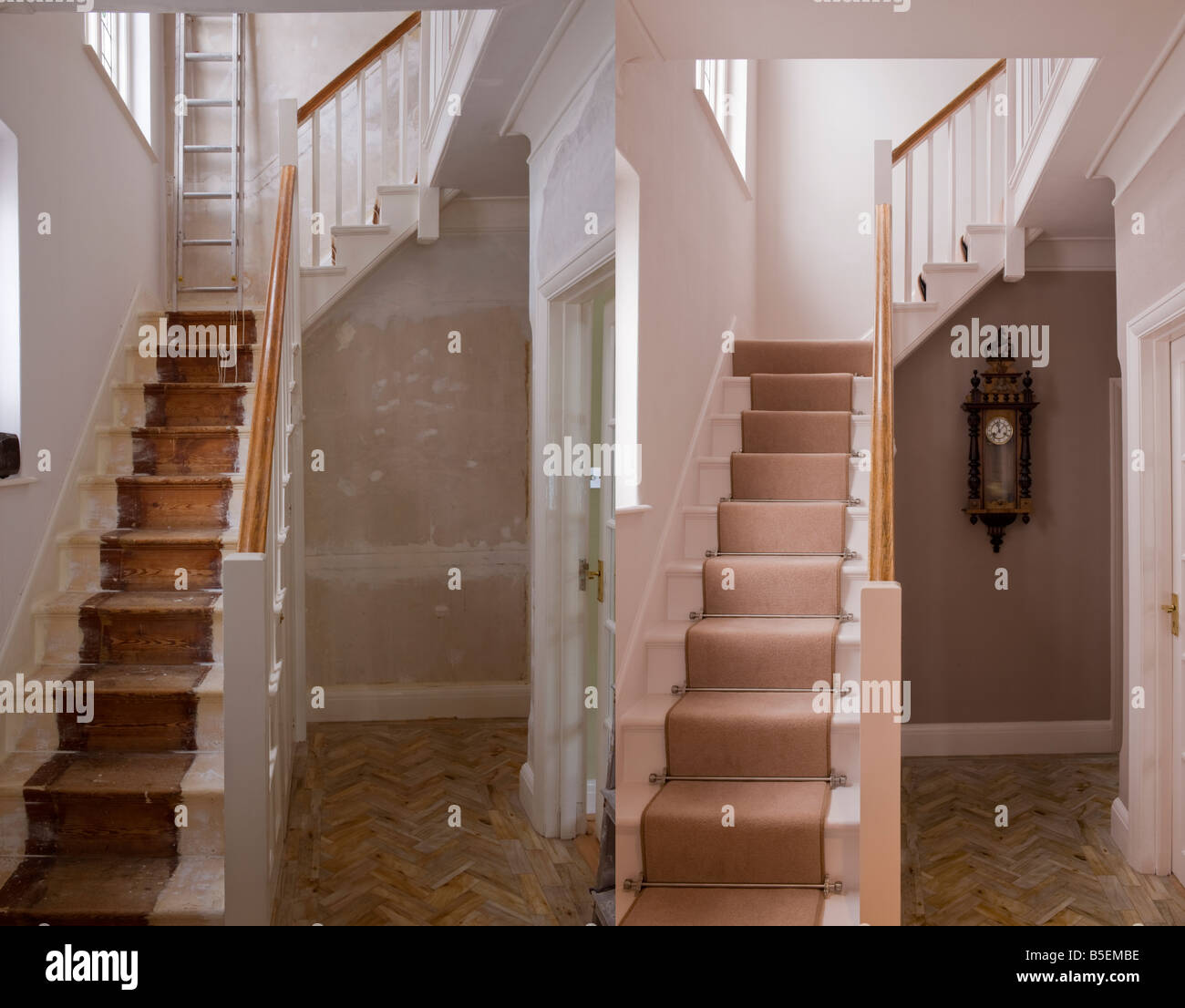 Vor und nach der inländischen Haus innere Renovierung der Halle und der Treppe. Stockfoto