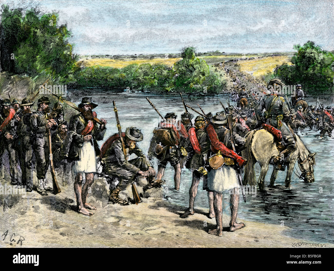 Konföderierten Truppen den Potomac River Crossing an der weißen Ford Maryland 1862 zu erobern. Hand - farbige Holzschnitt Stockfoto