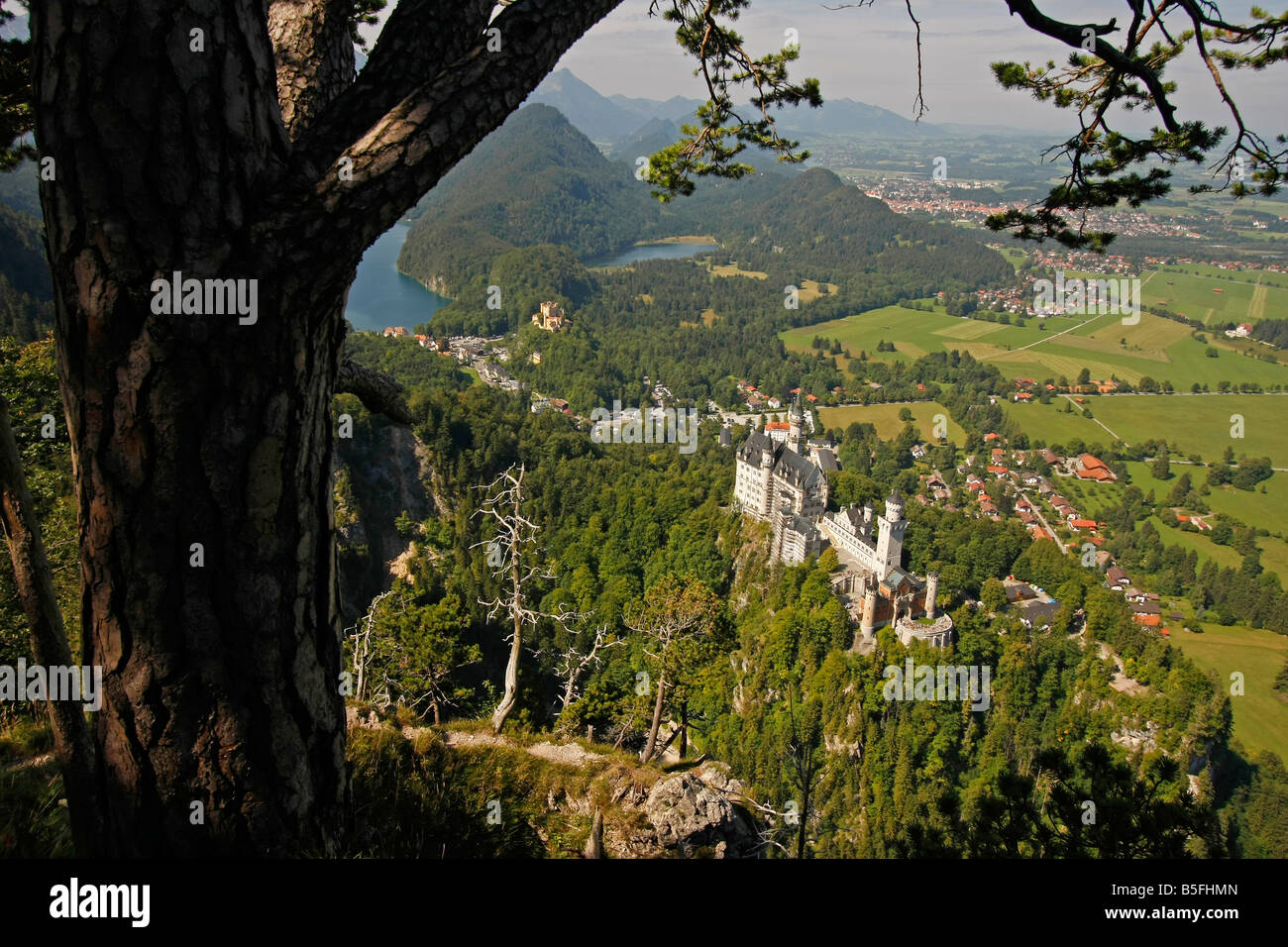 Vogelperspektive von Schloss Neuschwanstein und Umgebung in Schwangau in der Nähe von Fuessen Allgaeu Bayern Stockfoto