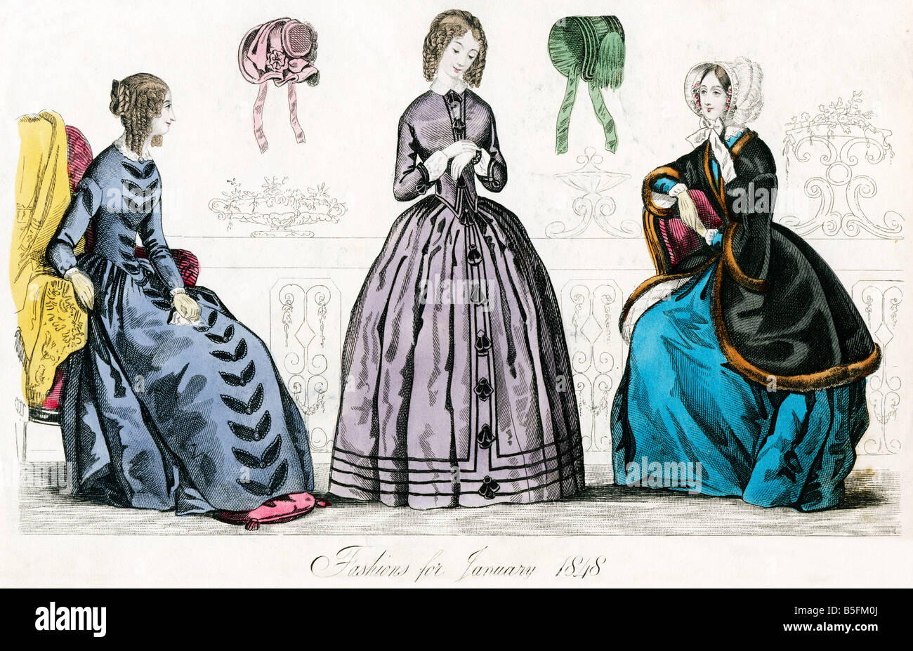 Mode für Januar 1848 farbigen Gravur der frühen viktorianischen Mode Hüte und Hauben sowie Kleider Stockfoto