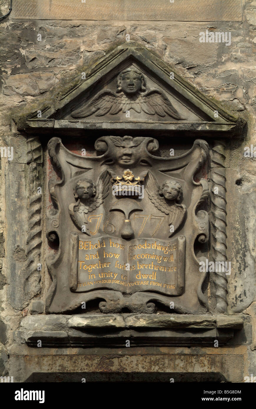 17. Jahrhundert Schnitzerei aus Bibel Land, Canongate, Edinburgh, Scotland, UK. Stockfoto
