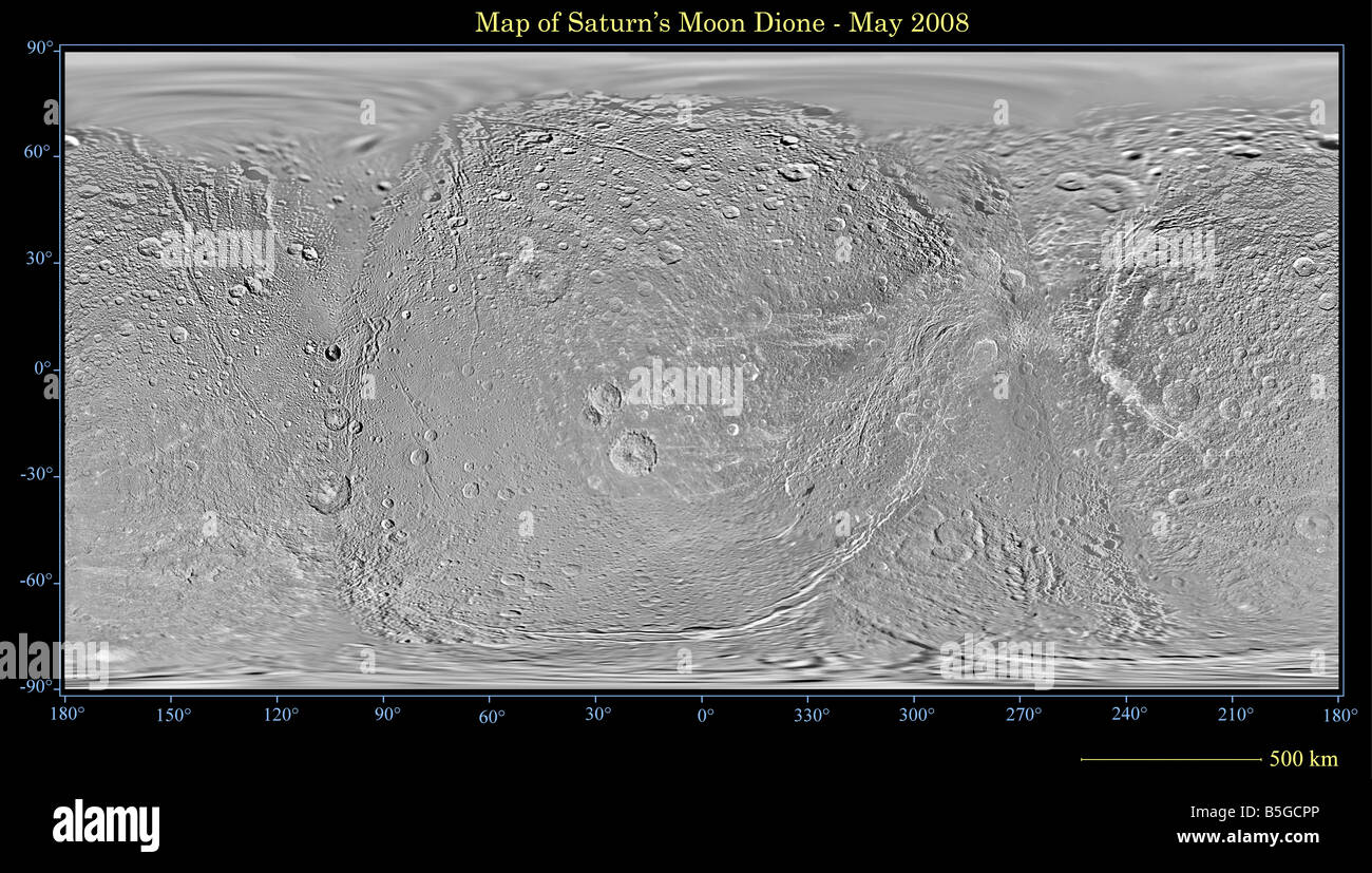 Weltkarte der Saturnmond Dione. Stockfoto