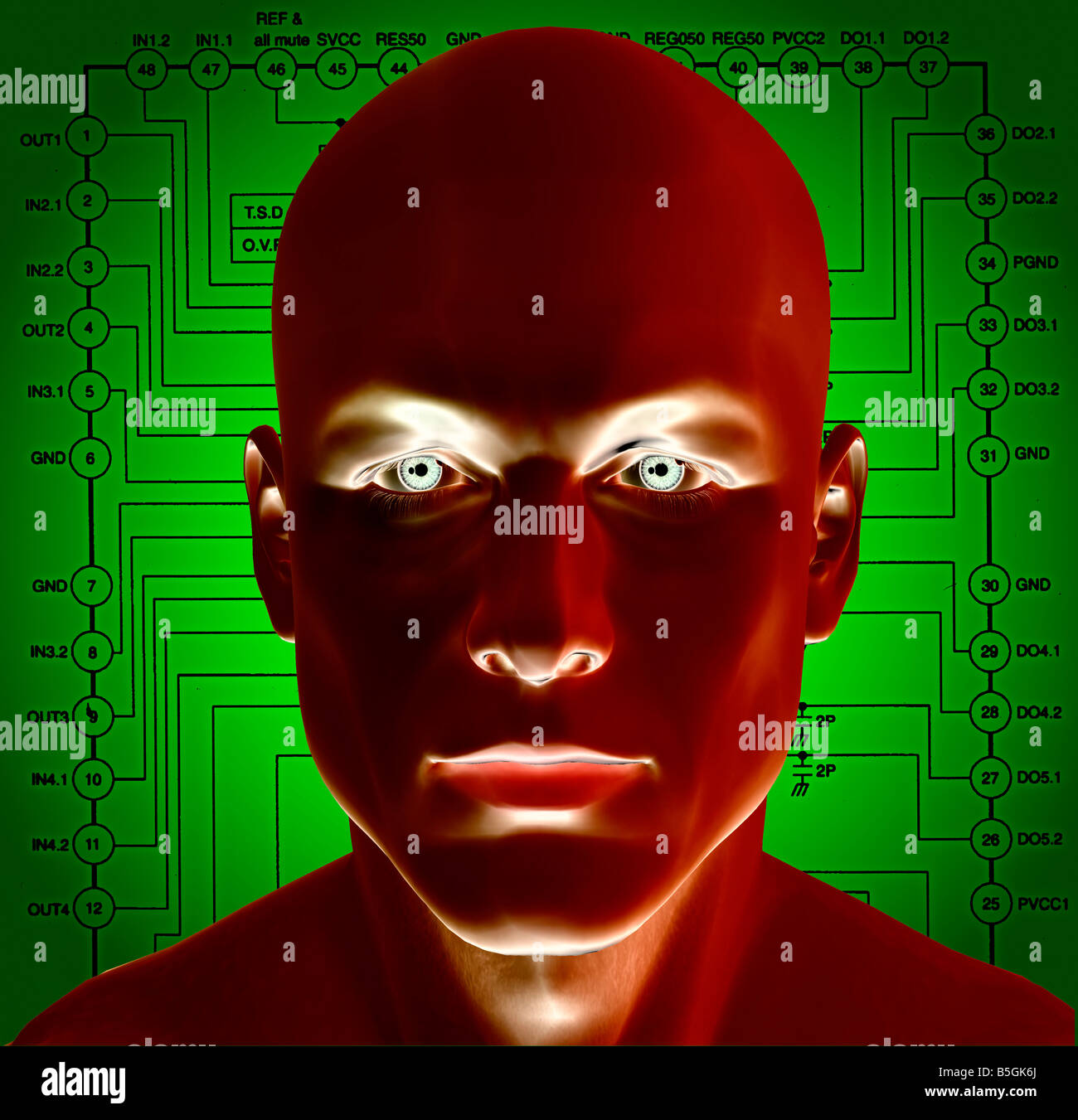 computergenerierte männlichen Roboterkopf in 3D mit schematischen Zeichnung Compositing Stockfoto