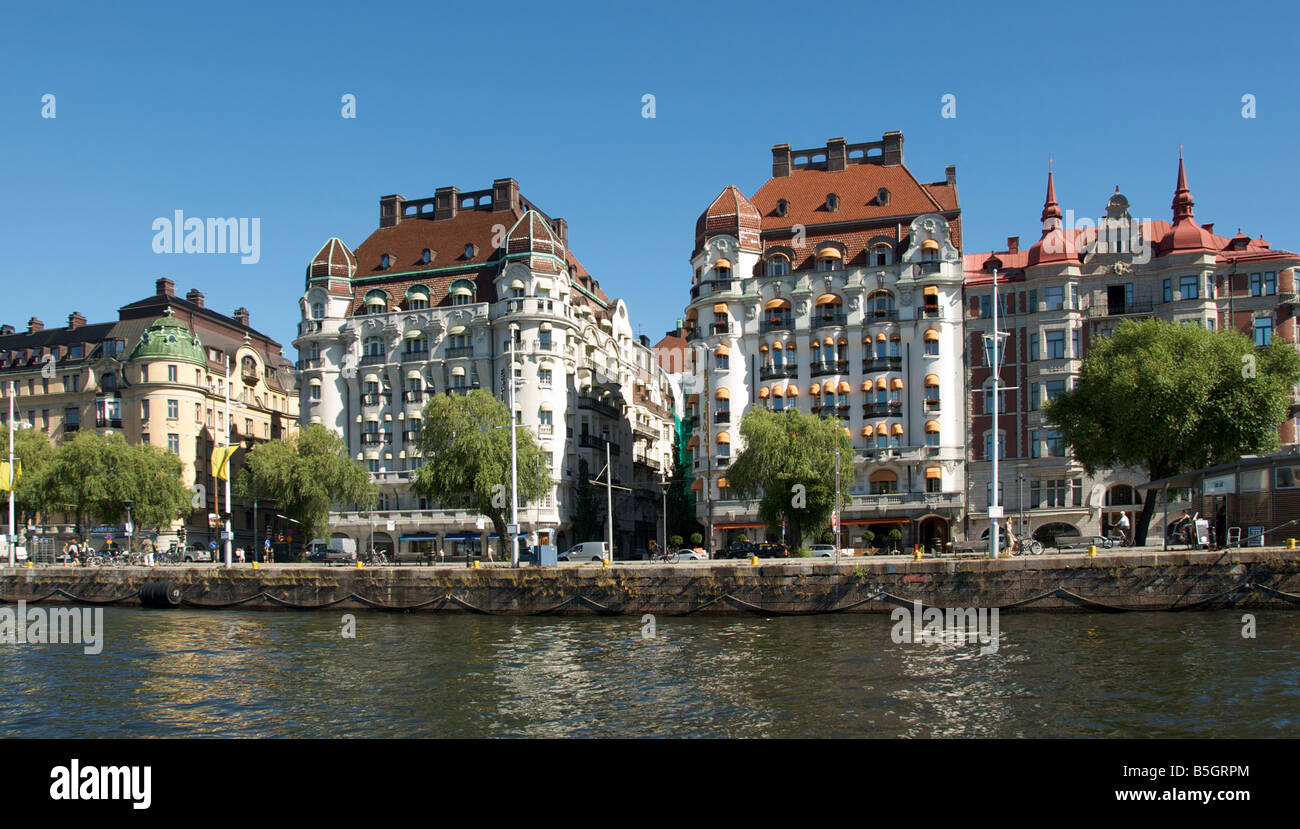 Grand Geschäfte und Häuser Waterfont Blickrichtung Ostermalm Stockholm Schweden Stockfoto