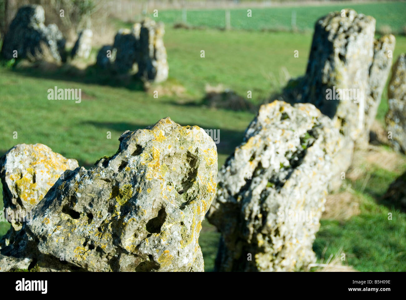 Hautnah auf Steinen und Kurve von The King s Männer Stone Circle The Rollright Stones Oxfordshire-England Stockfoto