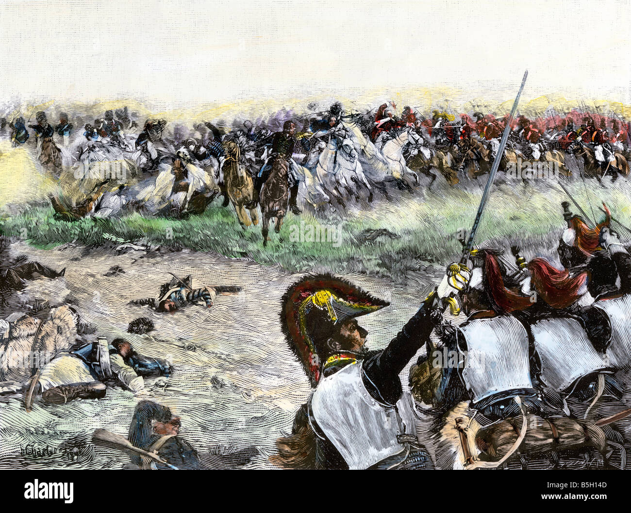Kavallerie während der letzten Schlacht Napoleons bei Waterloo 1815. Handcolorierte halftone einer Abbildung Stockfoto