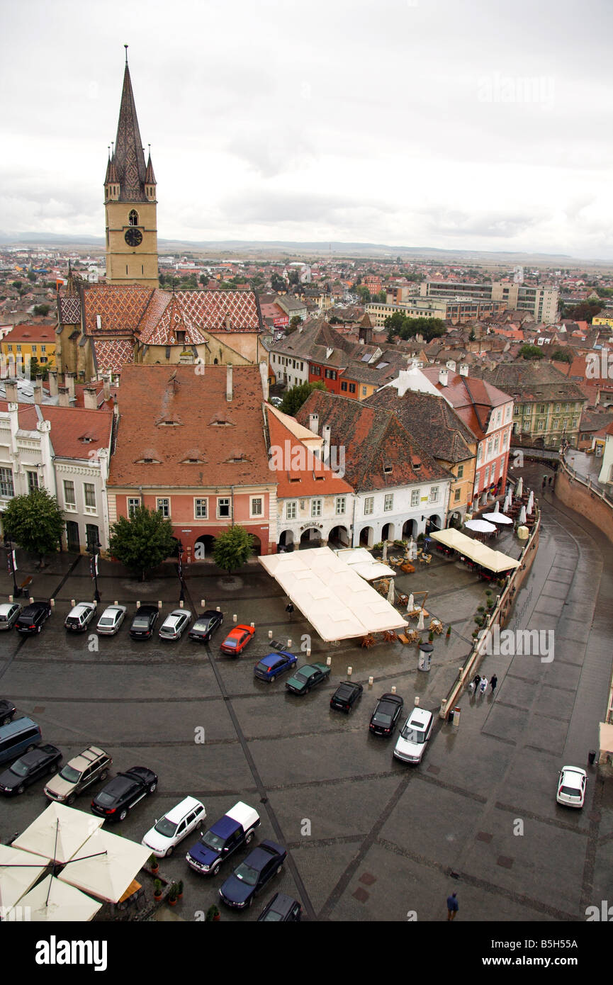 Panoramablick auf Piata Mica, Plätzchen, evangelische Kirche, Sibiu, Siebenbürgen, Rumänien Stockfoto