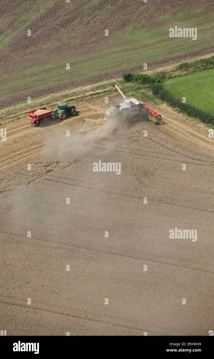 Luftbild zeigt ein Mähdrescher und Traktor arbeiten mit Satelitte Navigation in einem Fiield in der Nähe von Clare in Suffolk Stockfoto