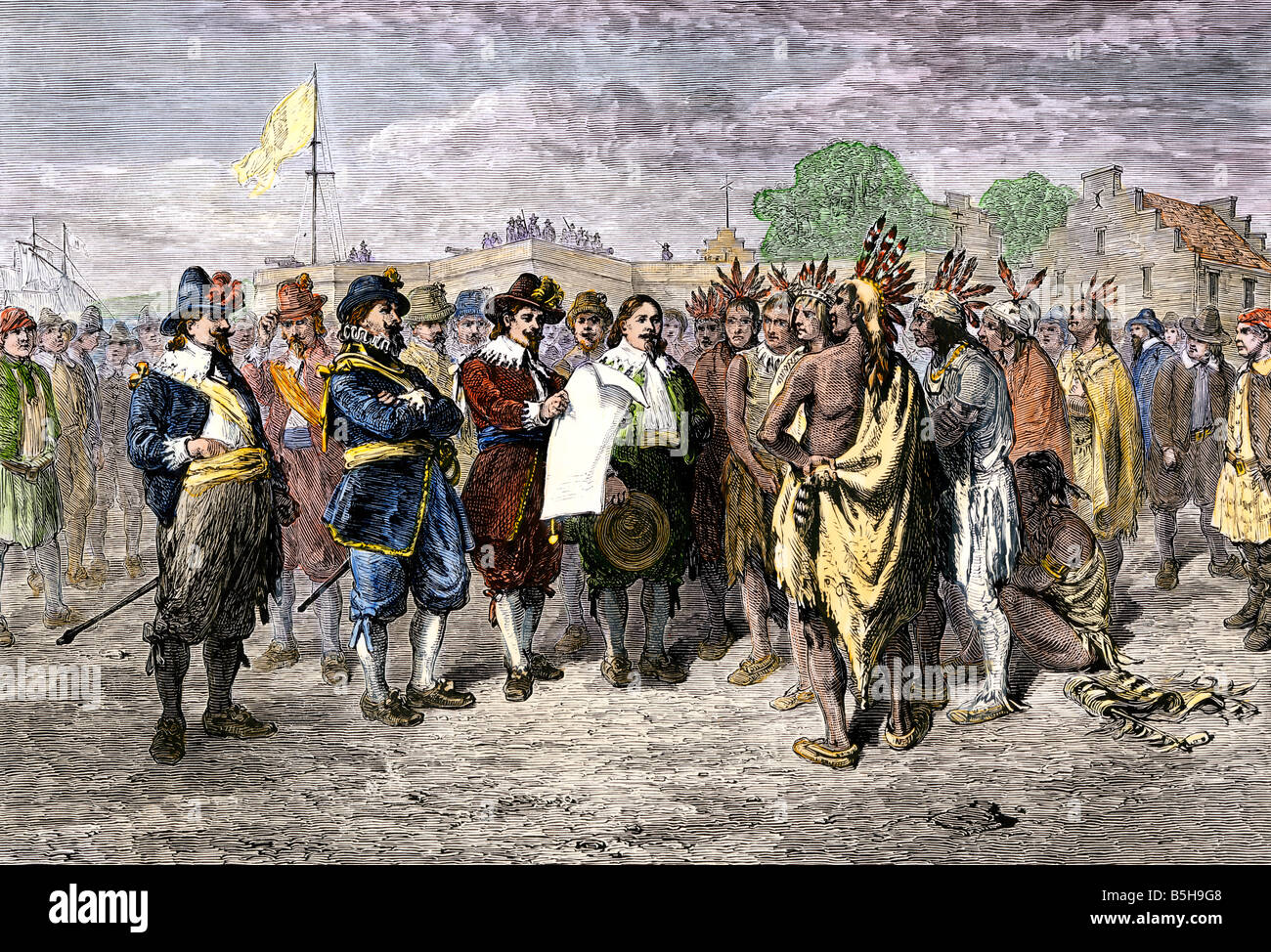 Niederländische Vertrag mit der mohawks am Fort Amsterdam 1640er. Hand - farbige Holzschnitt Stockfoto