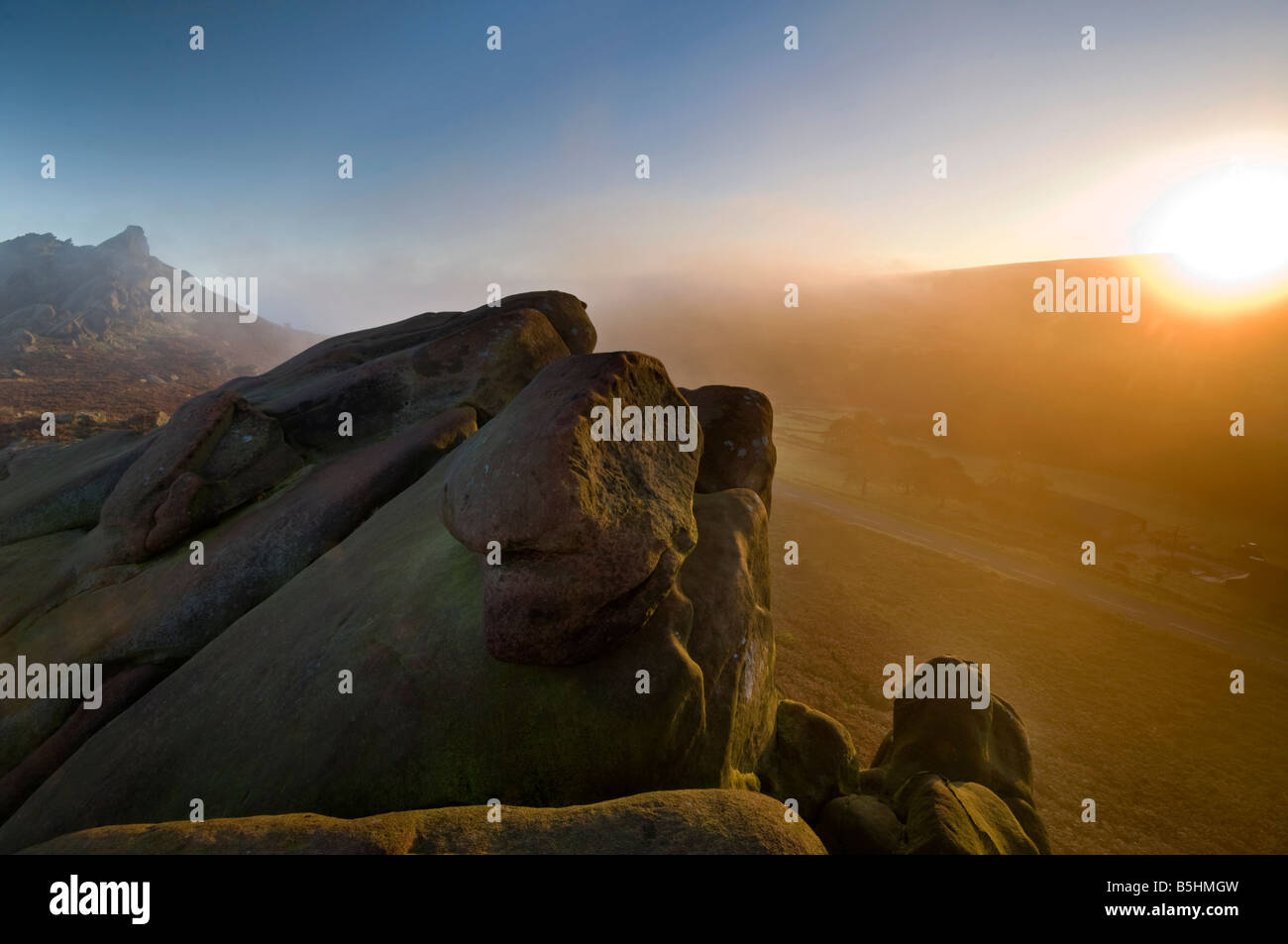 Ramshaw Felsen bei Sunrise, Peak District National Park, Staffordshire & Grenze Cheshire, England, UK Stockfoto