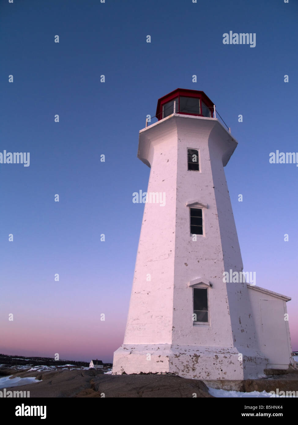 Peggys Cove Leuchtturm bei Sonnenuntergang - Peggys Cove, Nova Scotia, Kanada Stockfoto