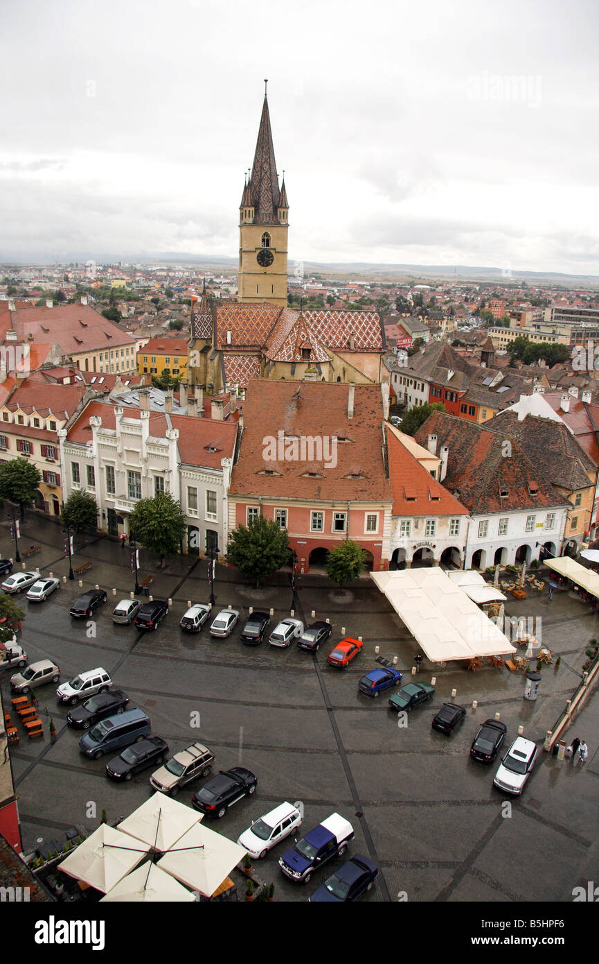 Panoramablick auf Piata Mica, Plätzchen, evangelische Kirche, Sibiu, Siebenbürgen, Rumänien Stockfoto