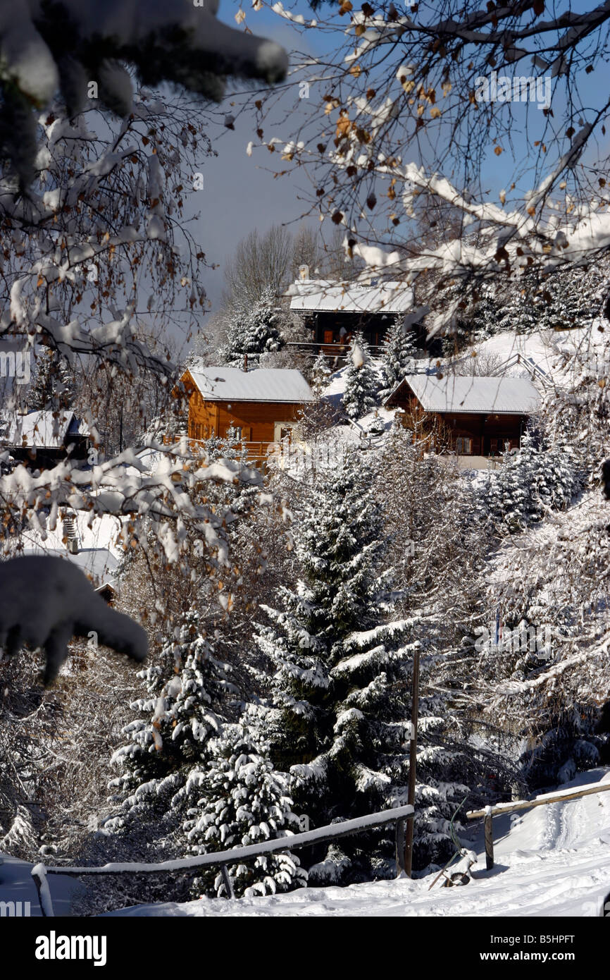 Schweiz-Wallis Val d ' Anniviers St. Luc Blick auf das Dorf nach einem Schneefall Stockfoto