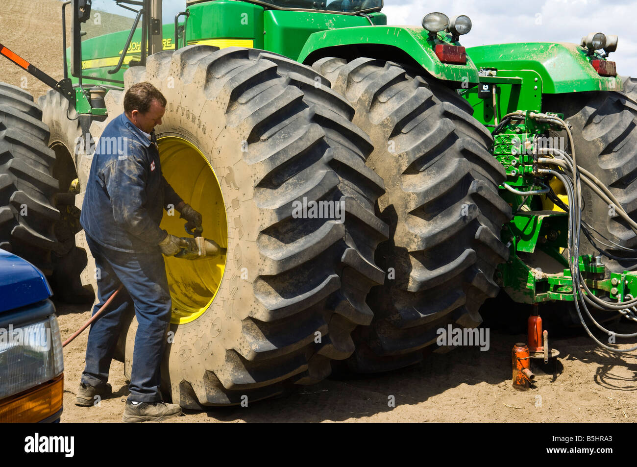 Ein Reifen-Techniker verwendet einen Schlagschrauber zum Lösen der Radmuttern auf einem Traktorreifen während der Arbeit, den Reifen zu ersetzen. Stockfoto