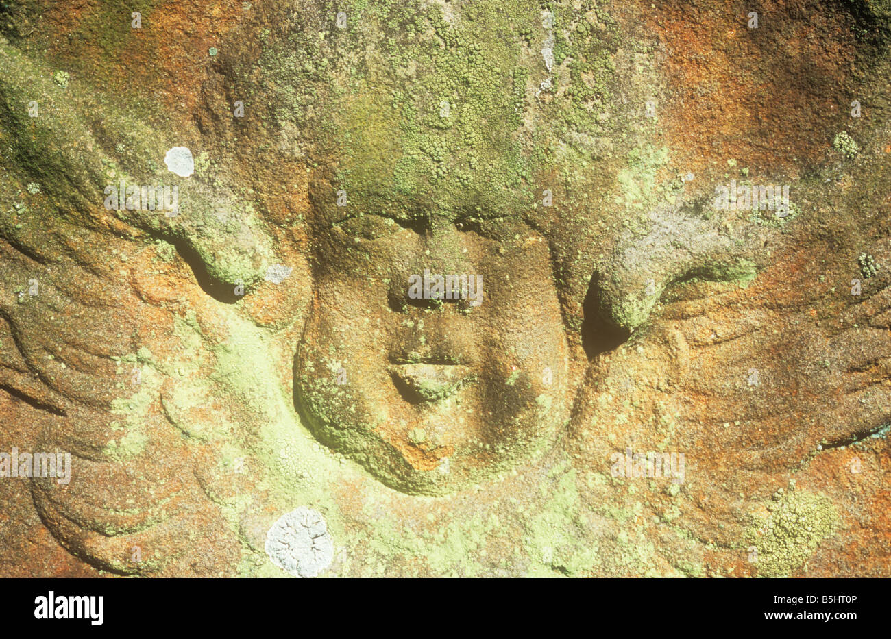 Detail der Sandstein Grabstein mit geschnitzten Flügeln umgeben cherubic Gesicht, das Gesicht des georgischen Gentleman auch sein könnte Stockfoto