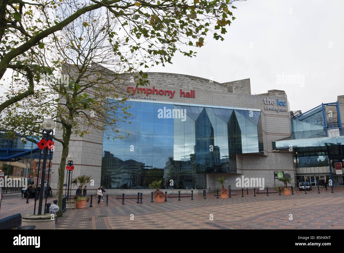 Mohnblumen auf Lampost ICC Komplex, Symphony Hall, Birmingham Broad Street bereit zur Erinnerung Sonntag Stockfoto