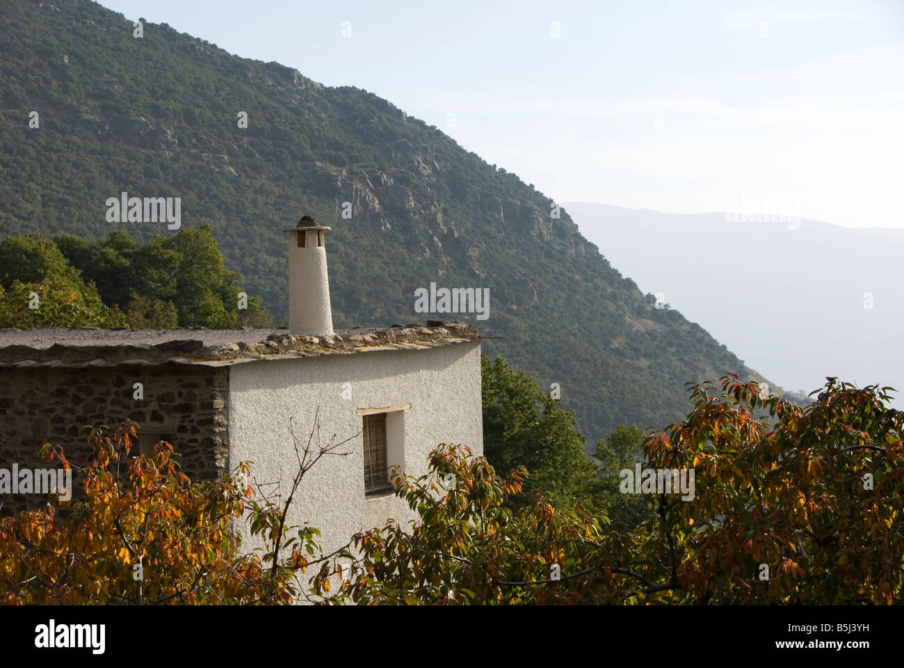 Typische Flachdach Gebäude aus Stein in dem Dorf Bubion in der Sierra Nevada in Südspanien Stockfoto