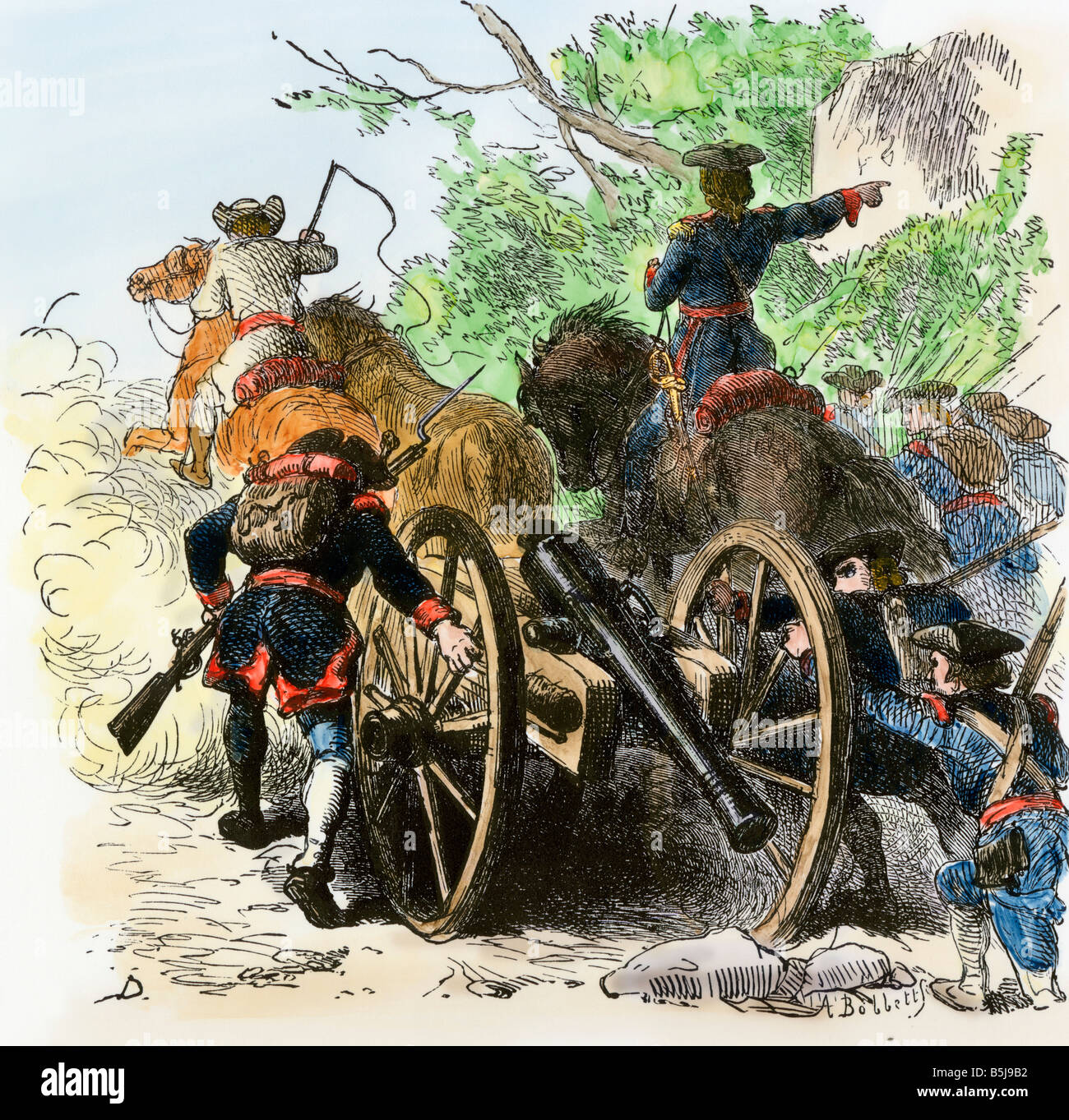 Koloniale Artillerie über die Appalachen, Franzosen- und Indianerkrieg. Hand - farbige Holzschnitt eines Felix Darley Abbildung Stockfoto