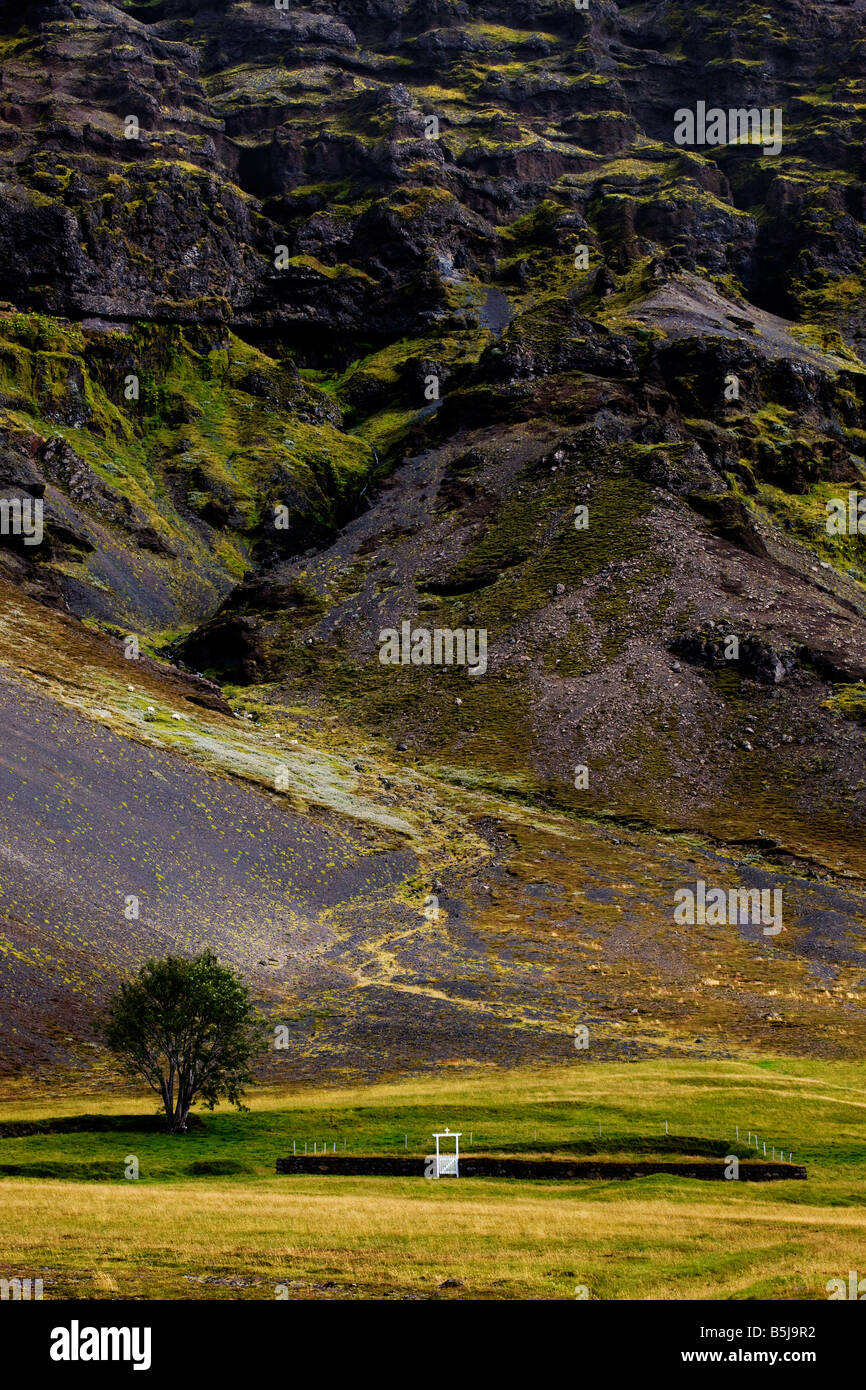 Sandfell Bauernhof, Sandfellsheidi Berg. Skaftafell Nationalpark. Stockfoto