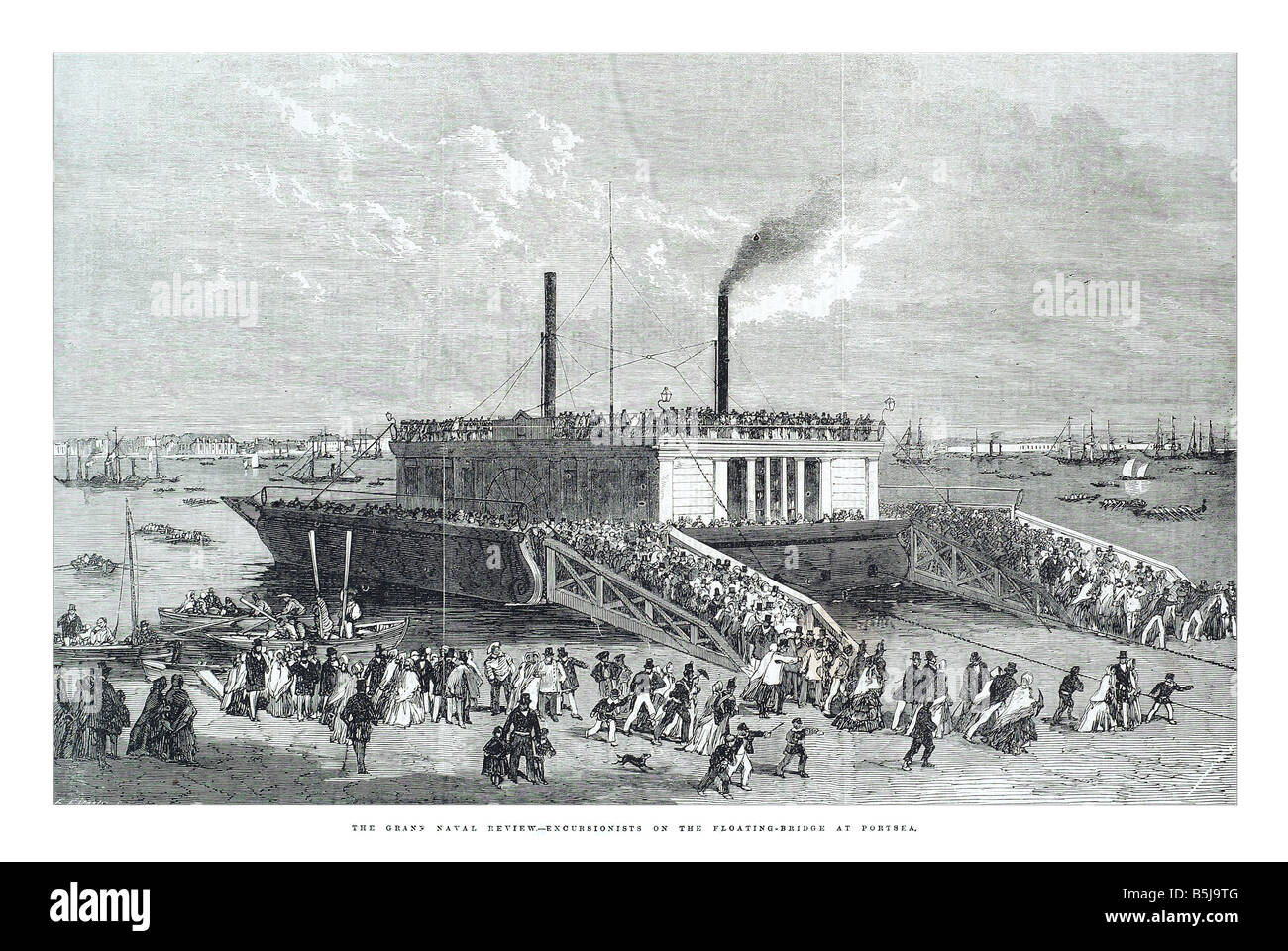 Das Grand Marine überprüfen Ausflügler auf die schwimmende Brücke in Portsea 26. April 1856 die Illustrated London News-Seite 448 Stockfoto