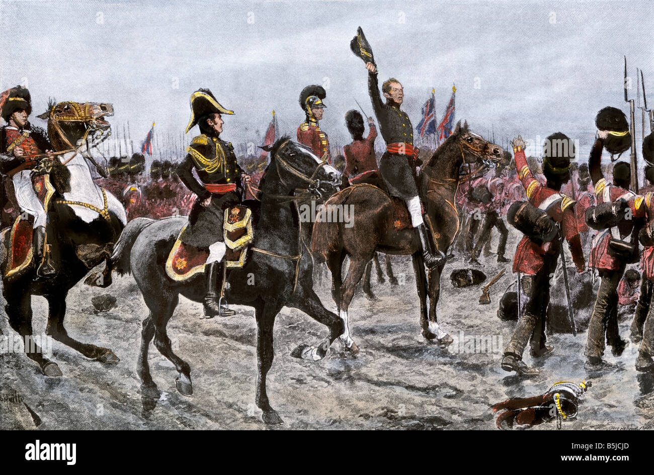 Herzog von Wellington die Bestellung der gesamten britischen Leitung zum Voraus an der Schlacht von Waterloo 1815. Handcolorierte halftone einer Abbildung Stockfoto
