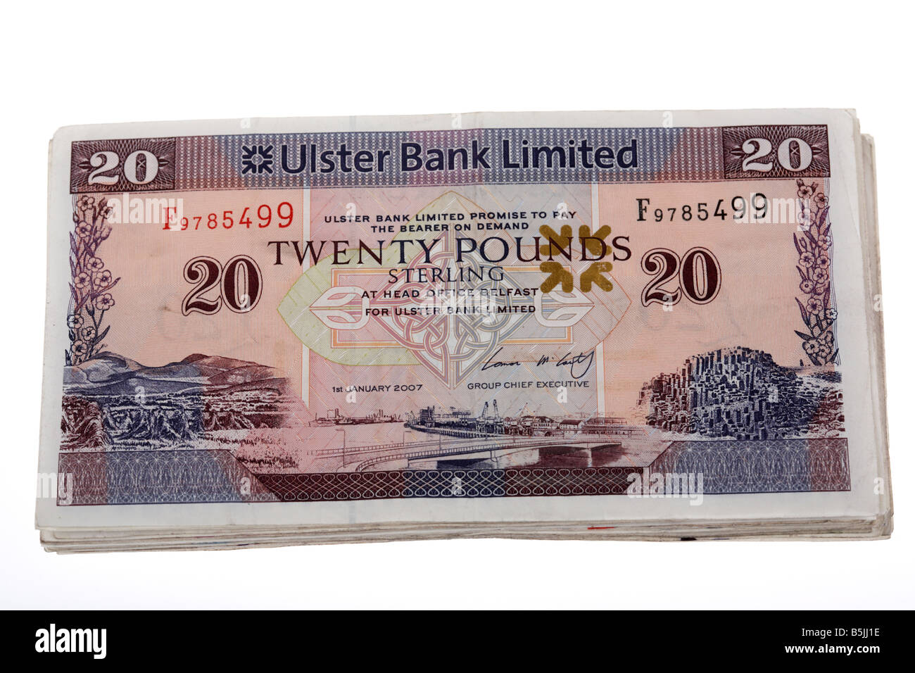 Stapel von 20 Pfund Sterling Nordirland Ulster Banknoten Bargeld ausgegeben Stockfoto