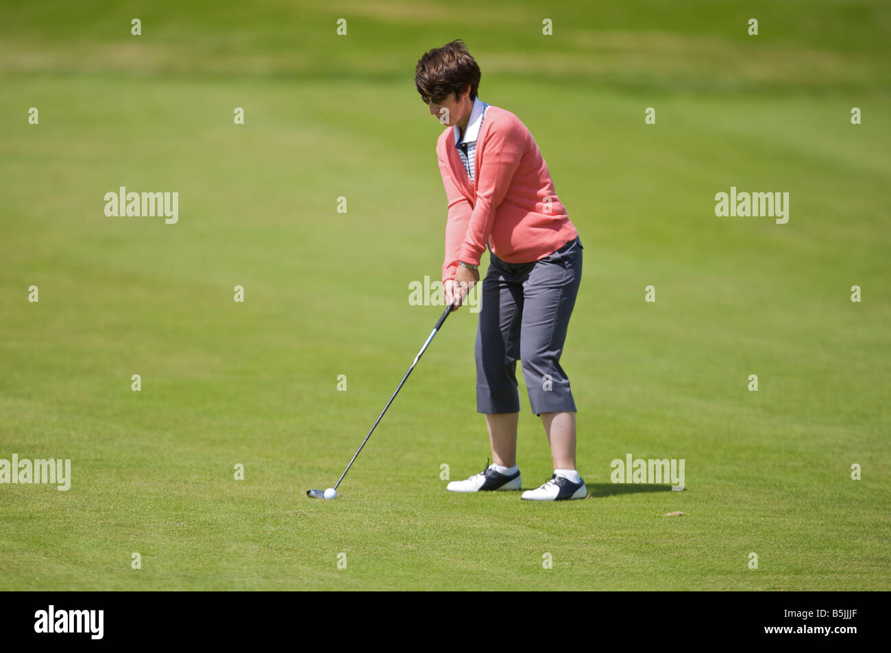 Lady so trifft eine Golf Fairway in einer Runde Golf abgeschossen Stockfoto