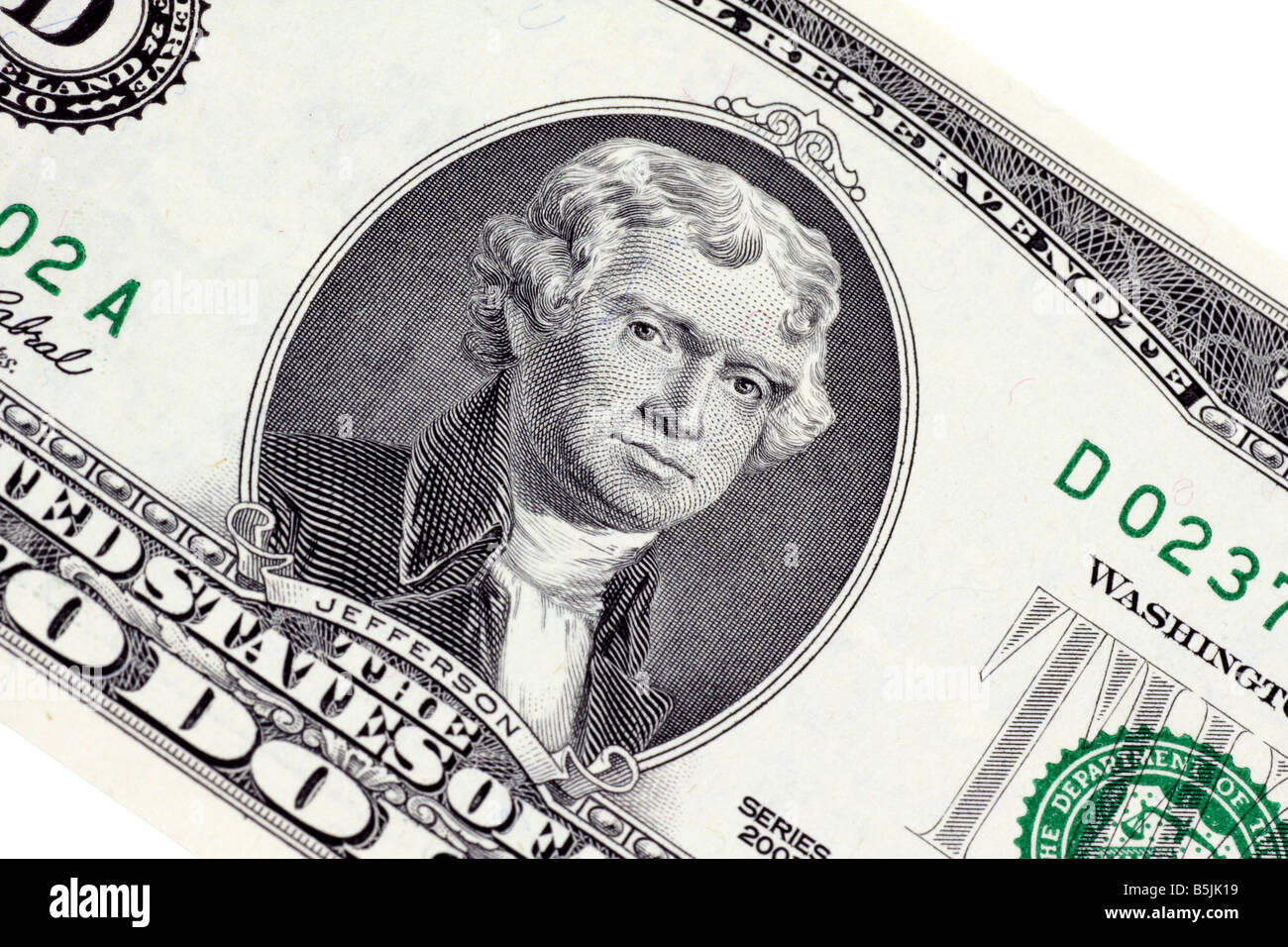 Thomas Jefferson auf 2-Dollar-Banknote Stockfoto