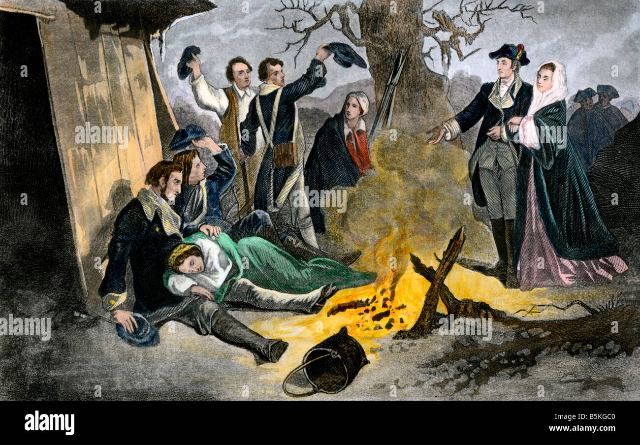 Martha Washington, die in der kontinentalen Armee Feldlager in der Valley Forge während des revolutionären Krieges. Hand - farbige Gravur Stockfoto