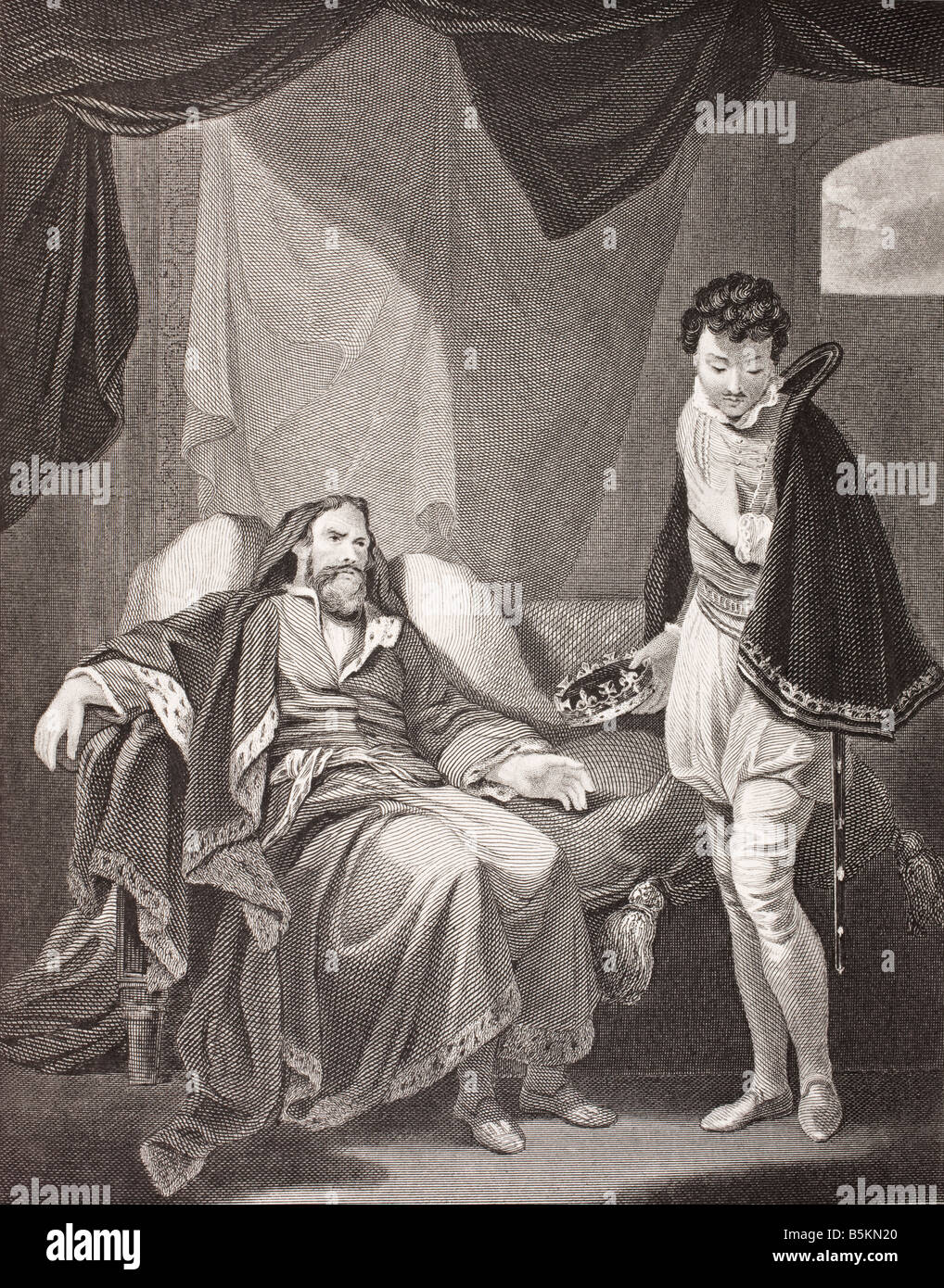 Henry IV. Bestätigt Prinz Henry. Szene aus Heinrich IV. Von William Shakespeare. Stockfoto