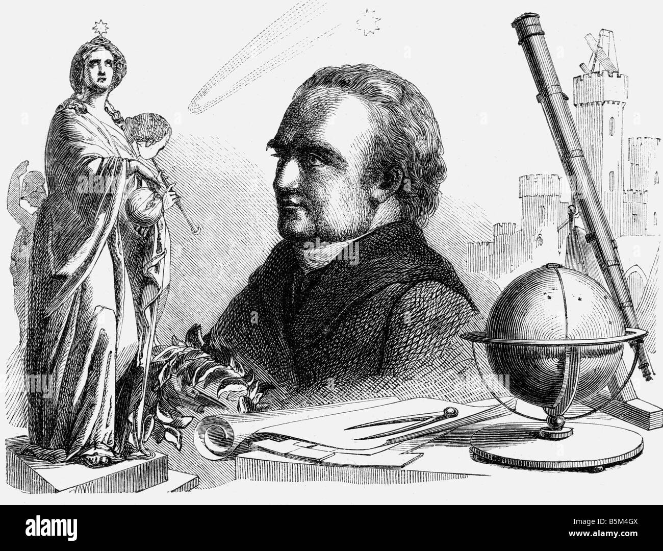 Herschel, Frederick William, 15.11.1738 - 25.12.1822, deutscher Astronom und Musiker, Allegorie, Holzgravur, 19. Jahrhundert, Stockfoto